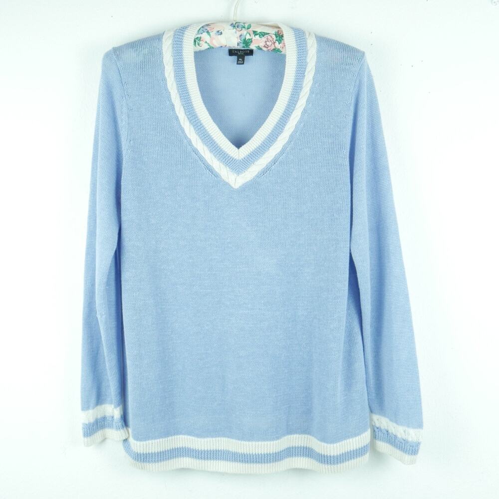 Talbots M Sweater 100% Linen Pastel Blue Tennis Varsity Preppy Nautical Coastal